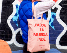 Load image into Gallery viewer, Pink and Red J'adore La Musique Indé Heavyweight Tote Bag