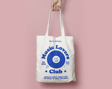 Load image into Gallery viewer, Blue Smiley Music Lovers Club Heavyweight Tote Bag